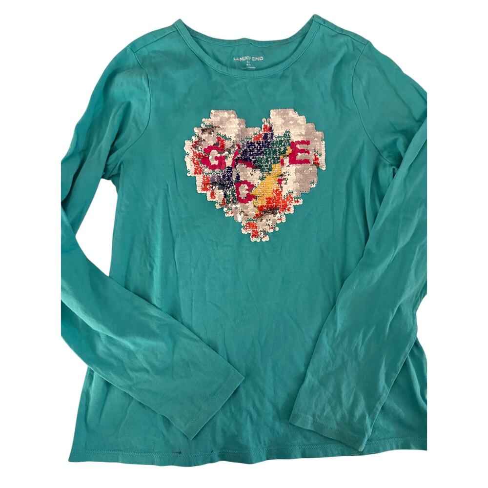 Lands End Teal Sequin heart Shirt size 10-12